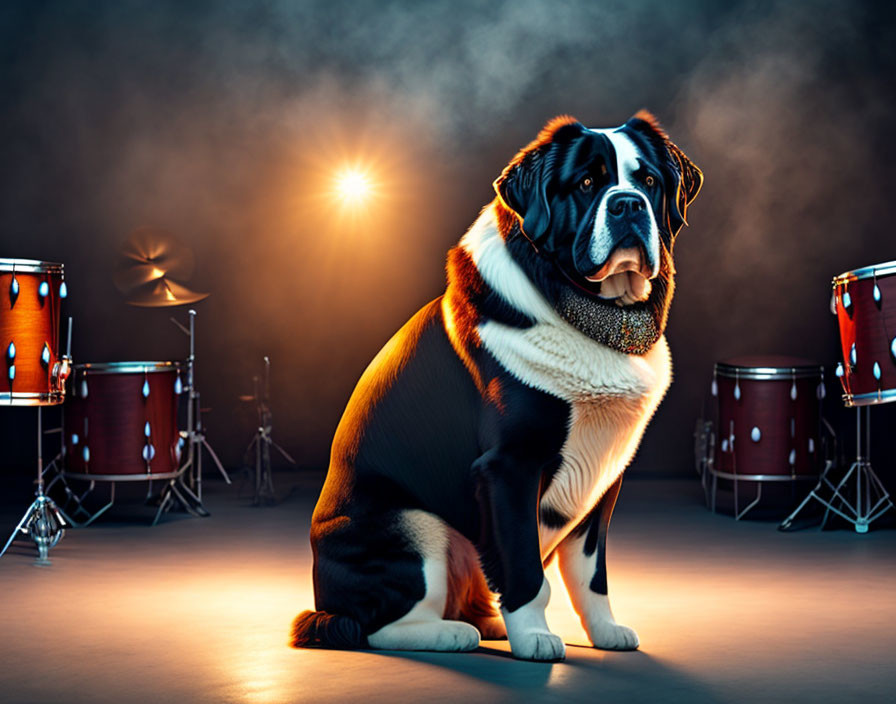 Saint Bernard Dog Poses with Sparkle Collar and Red Drums