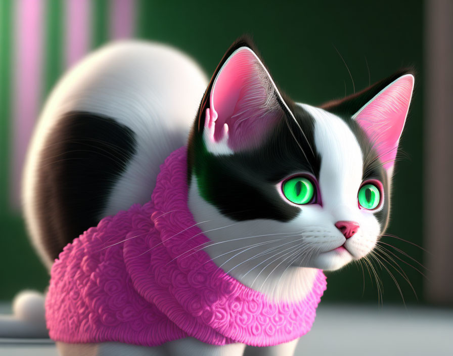 Black and white cat with green eyes in pink sweater in green room