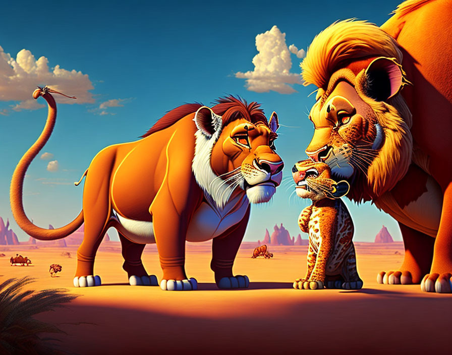 Vibrant savannah scene with animated lion family