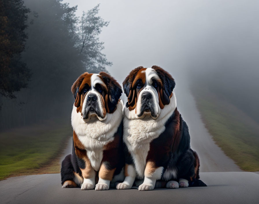 Saint Bernard Dogs Sitting on Foggy Road