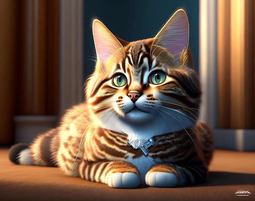 Photorealistic tabby cat with bow in sunlit room