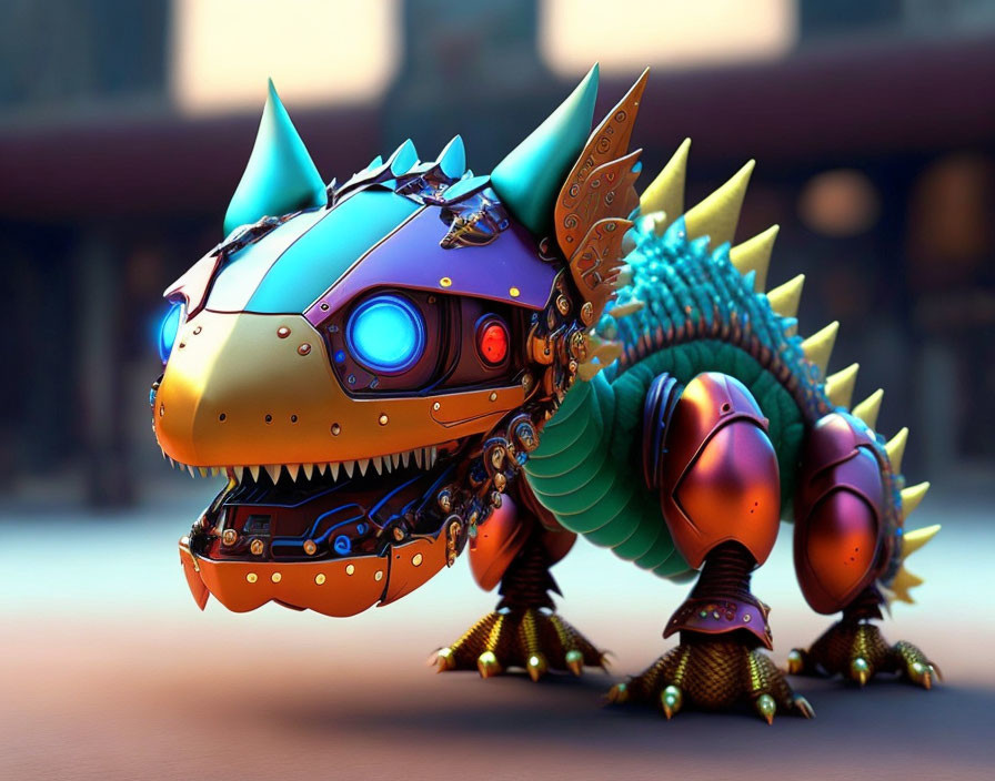 Colorful mechanical dragon with blue head and spiked back in cartoon style