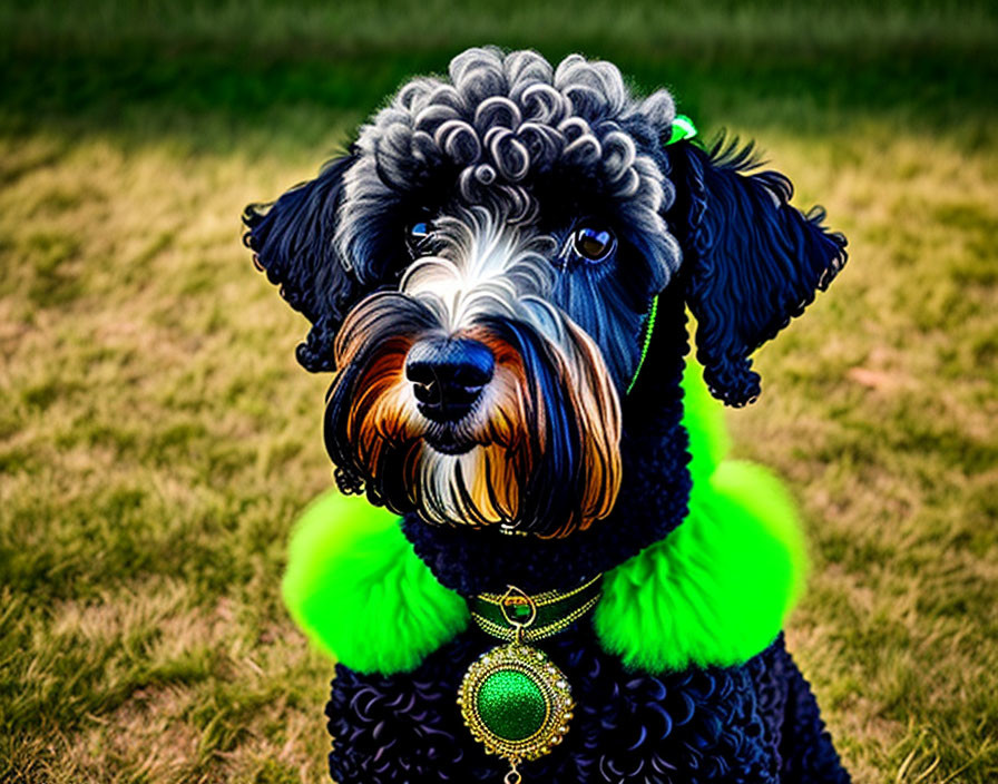 Curly-furred black dog with colorful accessories gazes at camera