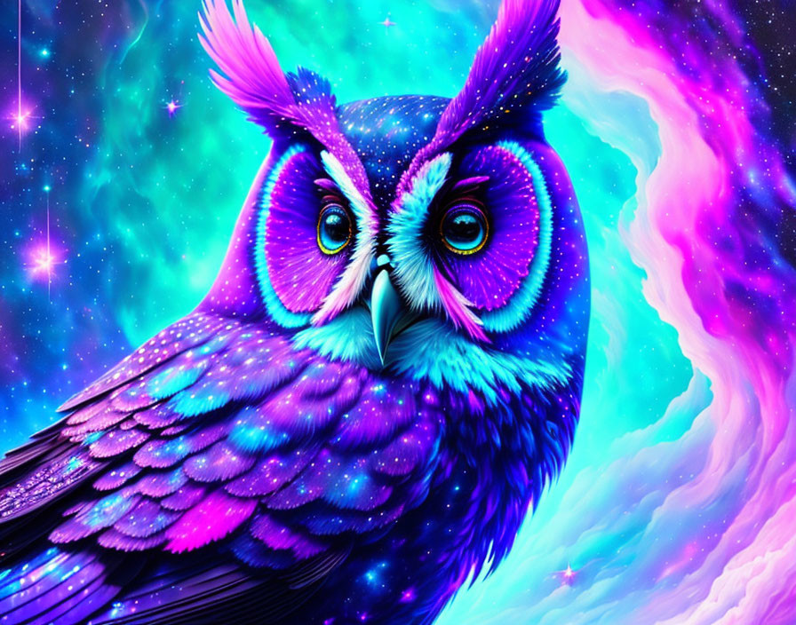 Colorful digital artwork: Purple and blue owl with cosmic background