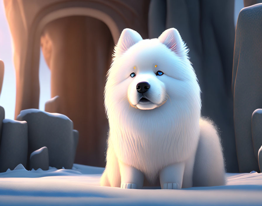 White animated dog and human in snowy landscape