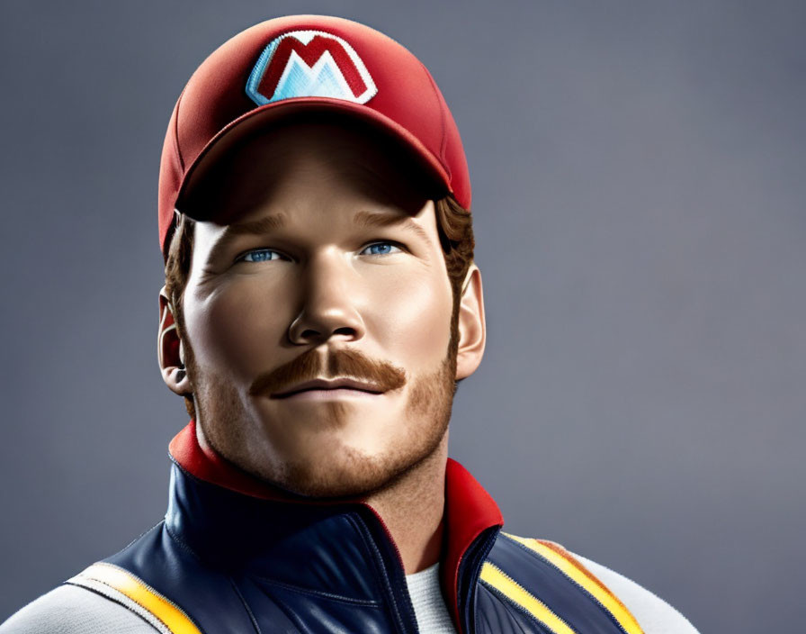 Photorealistic man with Mario-like features and attire.