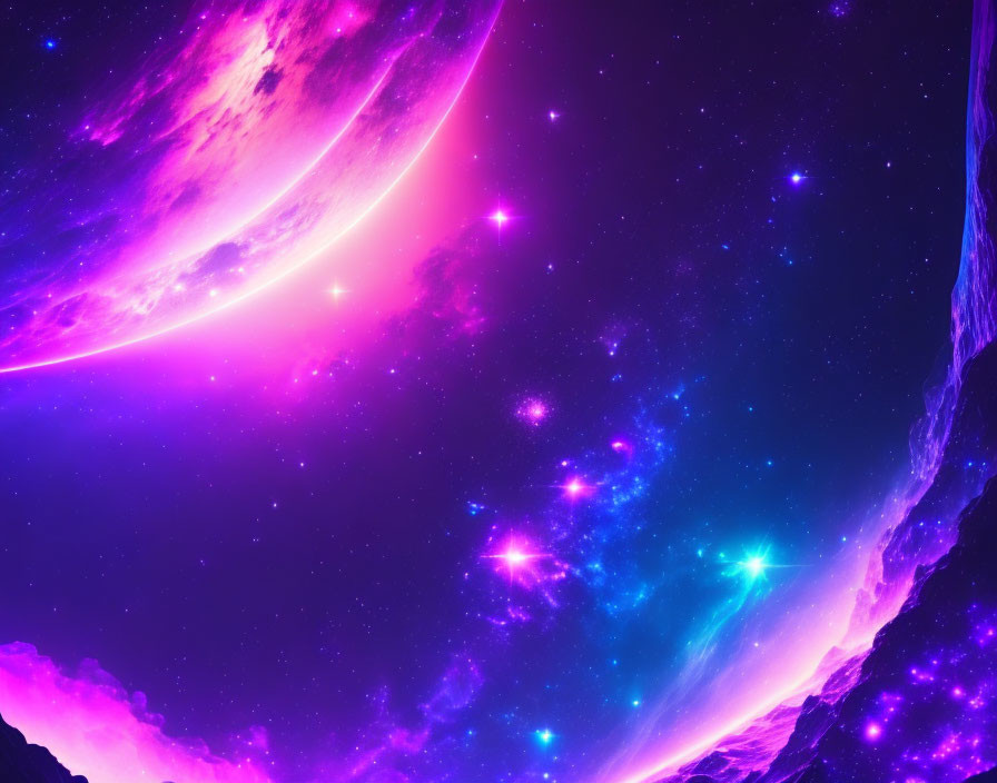 Colorful cosmic scene with pink and purple nebula, bright stars, and planet with rings.