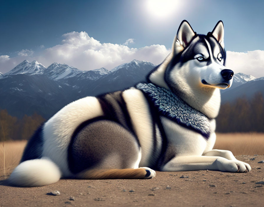 Blue-eyed husky dog in knitted scarf against snowy mountains