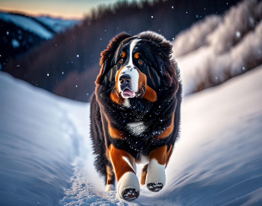 Bernese Mountain Dog in Snowy Terrain with Wooded Hills and Blue Sky