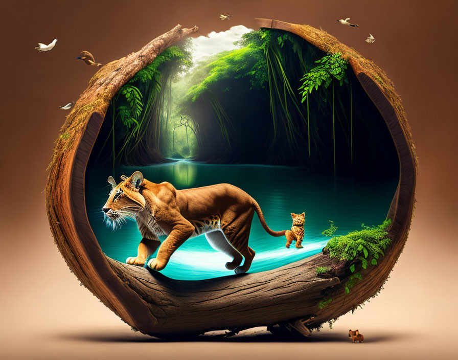 Tiger and cat in forest scene with birds on hollow log