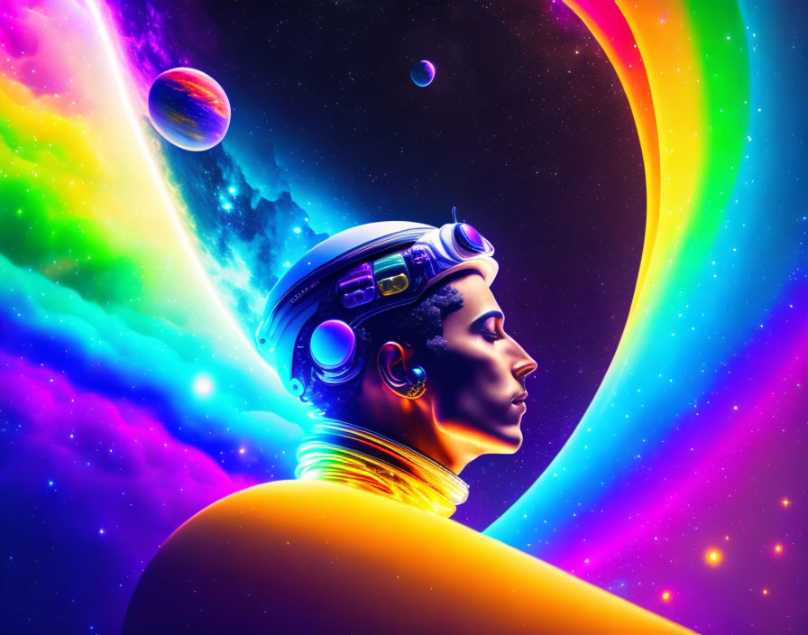 Colorful digital artwork: person with futuristic headset in cosmic space