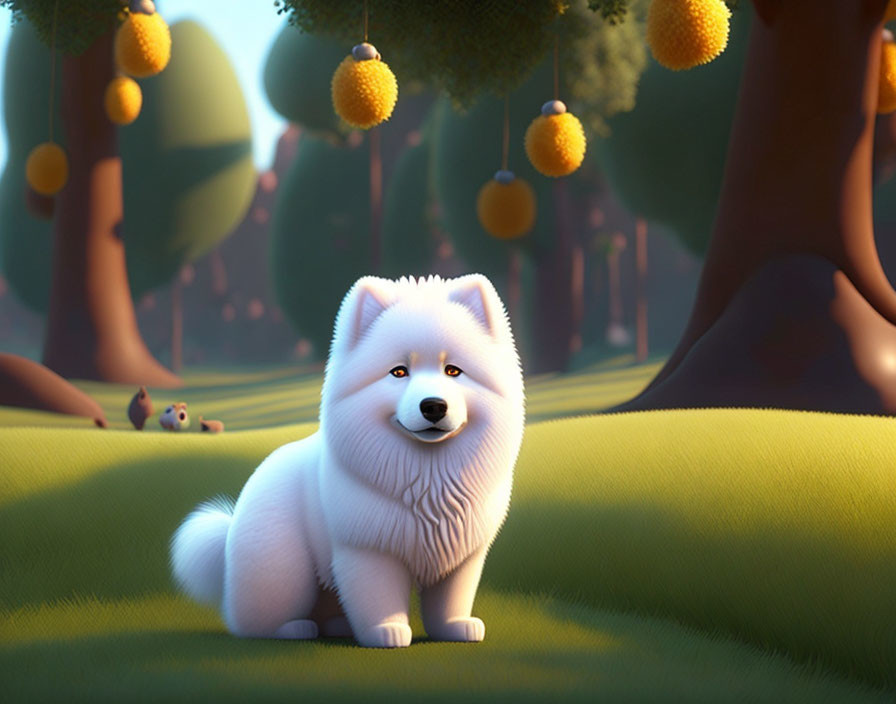 White animated dog in forest with yellow fruit and squirrel