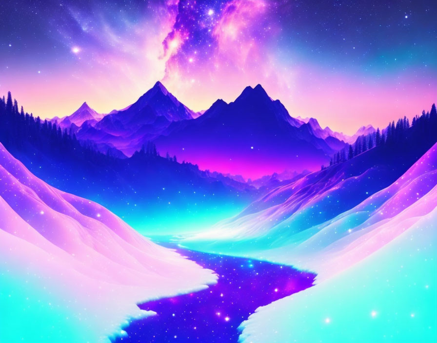 Digital Art: Mountain Landscape with Starry Sky & Luminous River