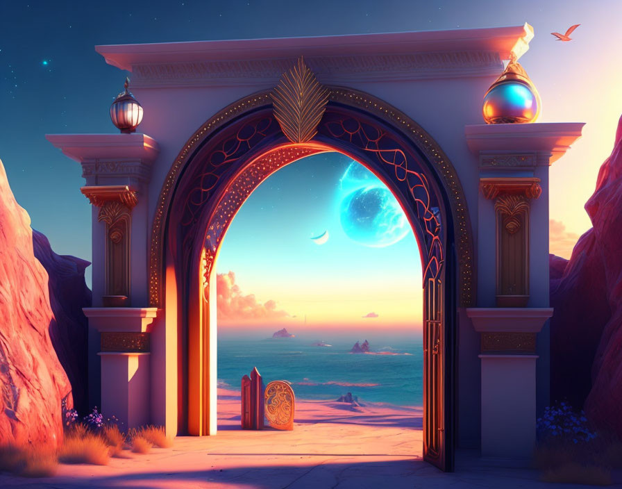 Fantasy archway with ocean view, crescent moon, rock formations, and lanterns at twilight