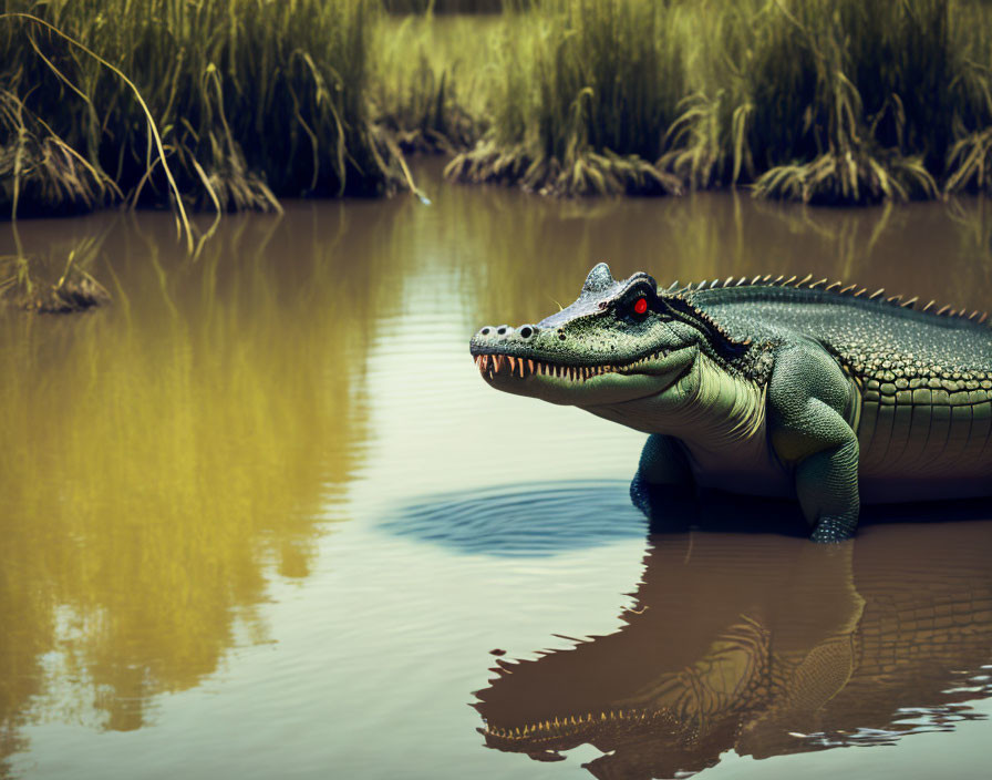 Realistic Toy Crocodile with Red Eyes by Water and Grass