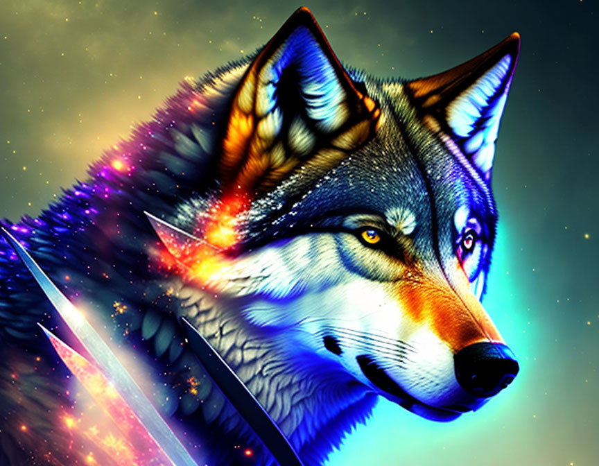 Colorful Cosmic Wolf Head Digital Artwork with Starry Background