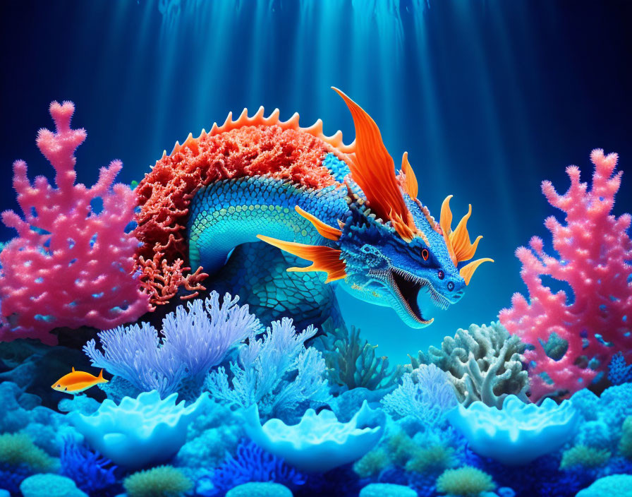 Colorful Coral Formations Surround Vibrant Sea Creature in Ocean Scene