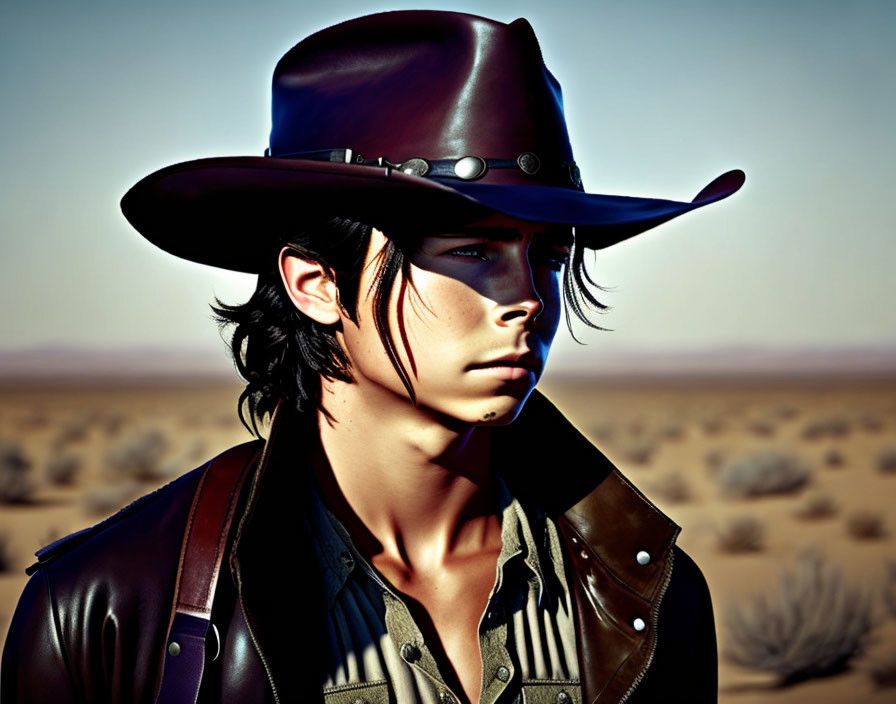 Person with shoulder-length hair in leather hat and jacket gazes into distance in desert.