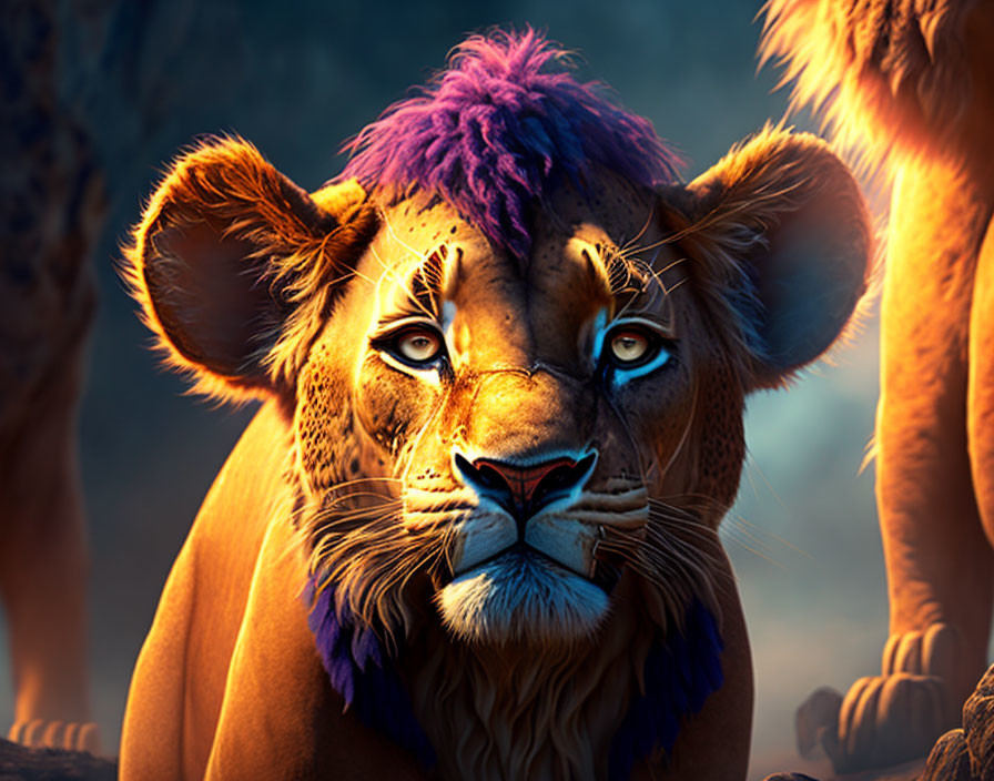 Vibrant purple and blue maned lion in digital art