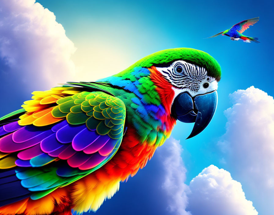 Colorful Macaw Against Blue Sky with Clouds and Flying Bird