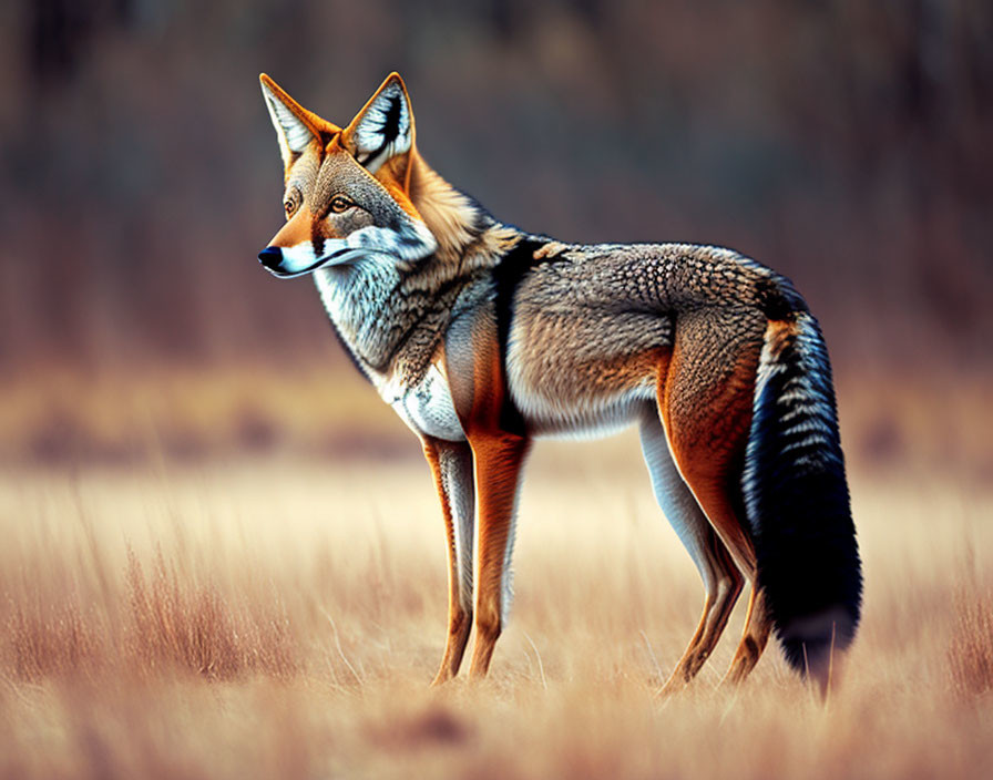 Red Fox Standing Alert in Dry Grass Field with Vibrant Fur