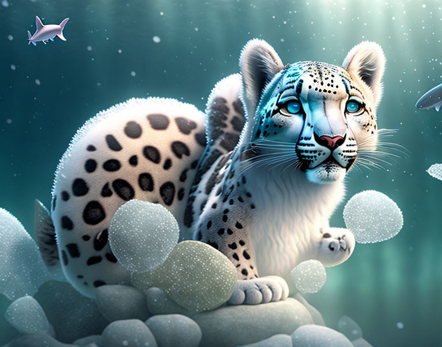 Digital illustration of snow leopard with blue eyes underwater surrounded by bubbles and pink fish