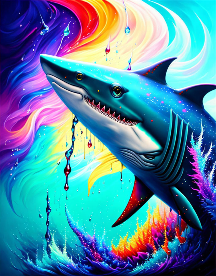 Colorful Shark Illustration with Swirling Background