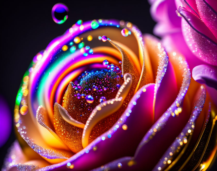 Neon-colored rose petals with water droplets on dark background