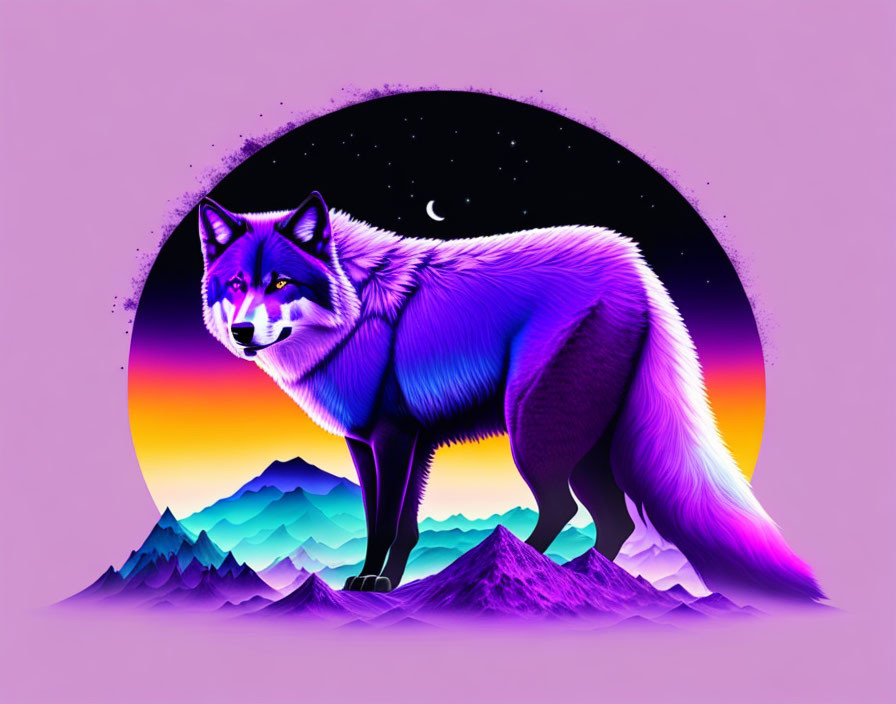 Colorful Wolf Illustration on Mountain Range with Sunset and Starry Sky in Circular Frame