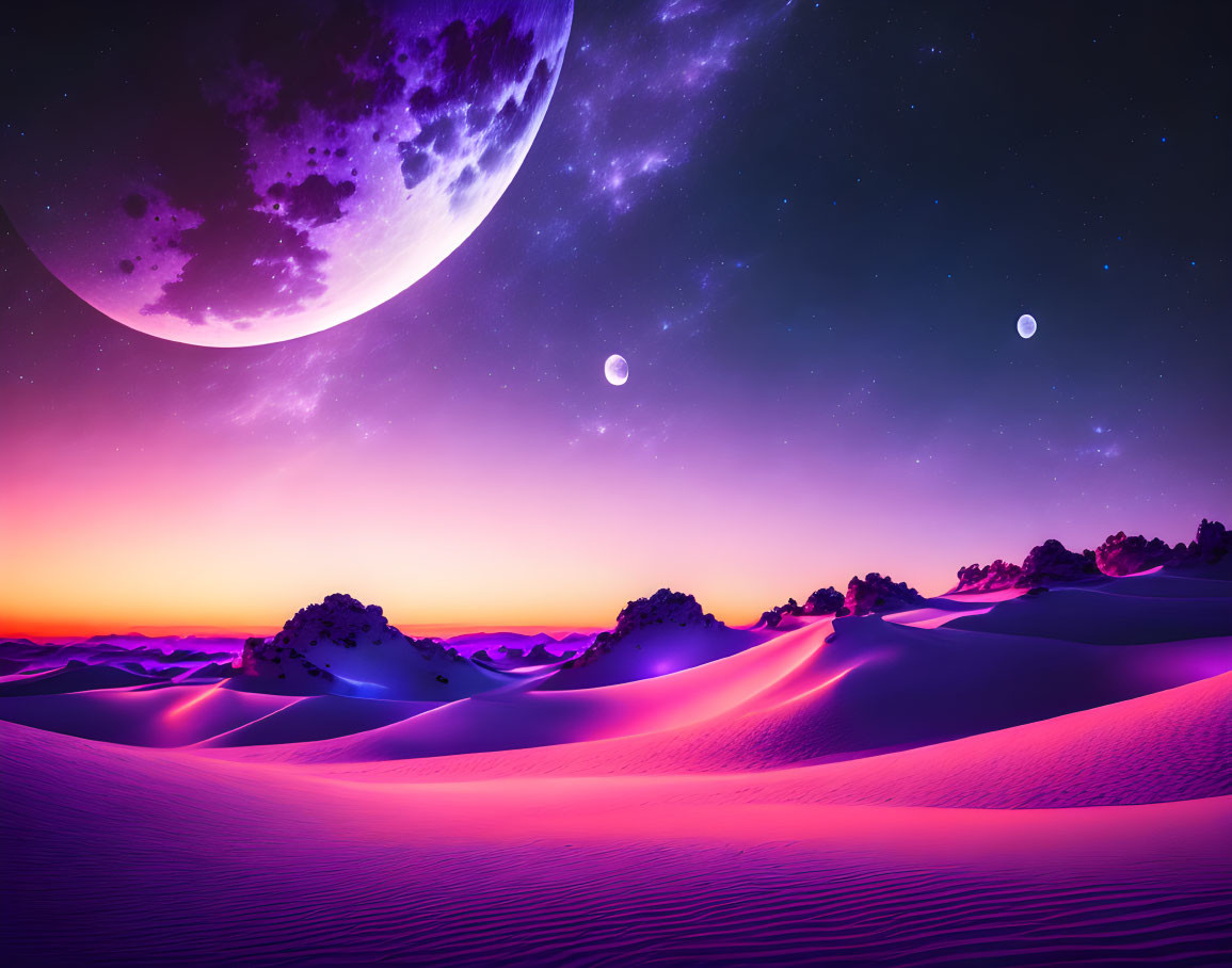 Vibrant pink and purple surreal desert landscape under two moons