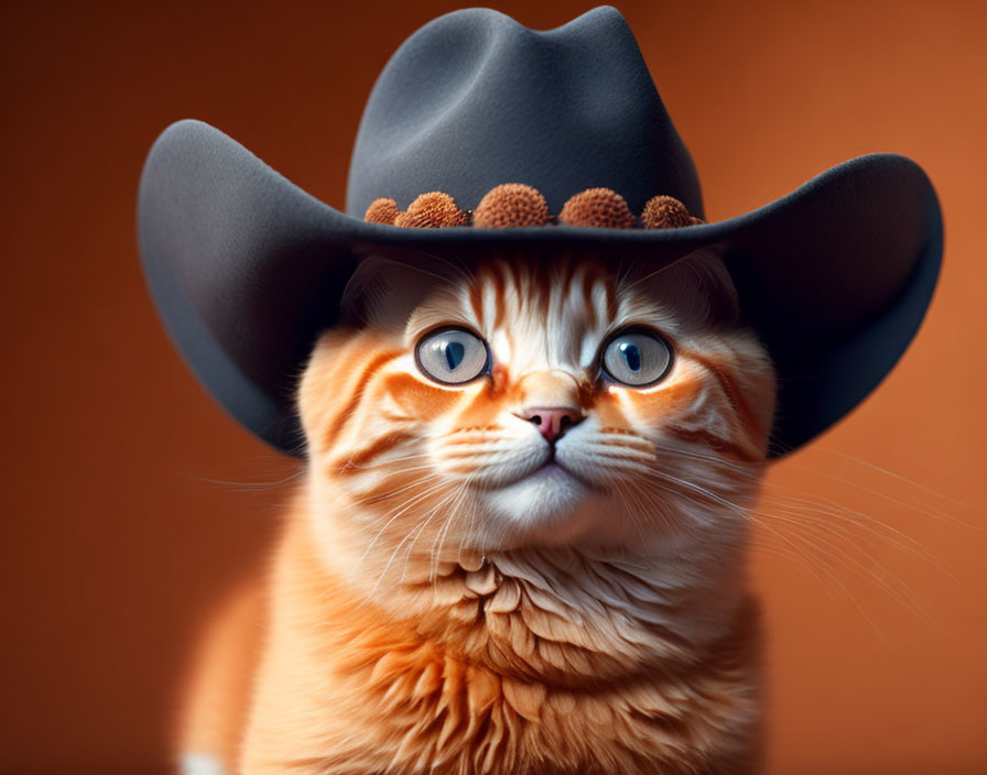 Orange Tabby Cat in Large Brown Cowboy Hat on Orange Background