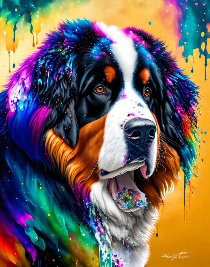 Colorful Bernese Mountain Dog Artwork with Paint Splatters in Blue, Orange, and Purple