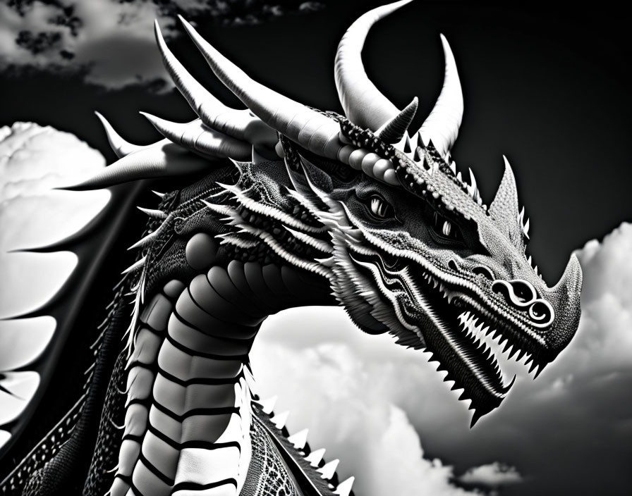 Detailed monochrome dragon with large horns in cloudy sky