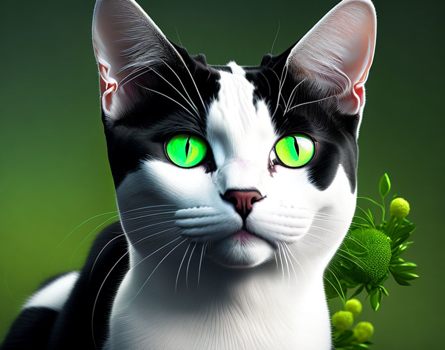 Detailed 3D black and white cat with green eyes and leaves in background