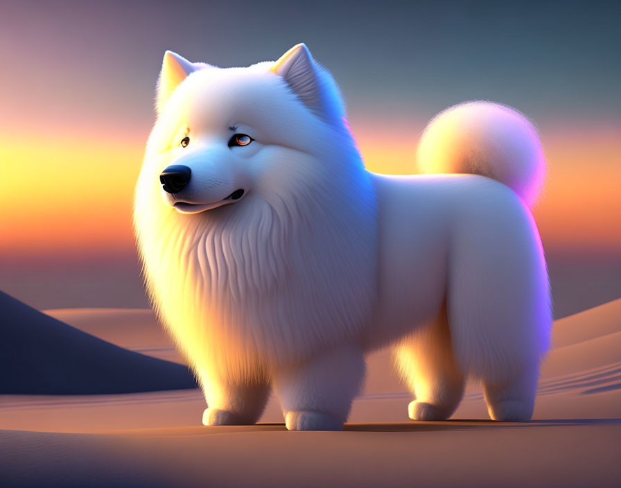 Fluffy white dog in desert sunset scene