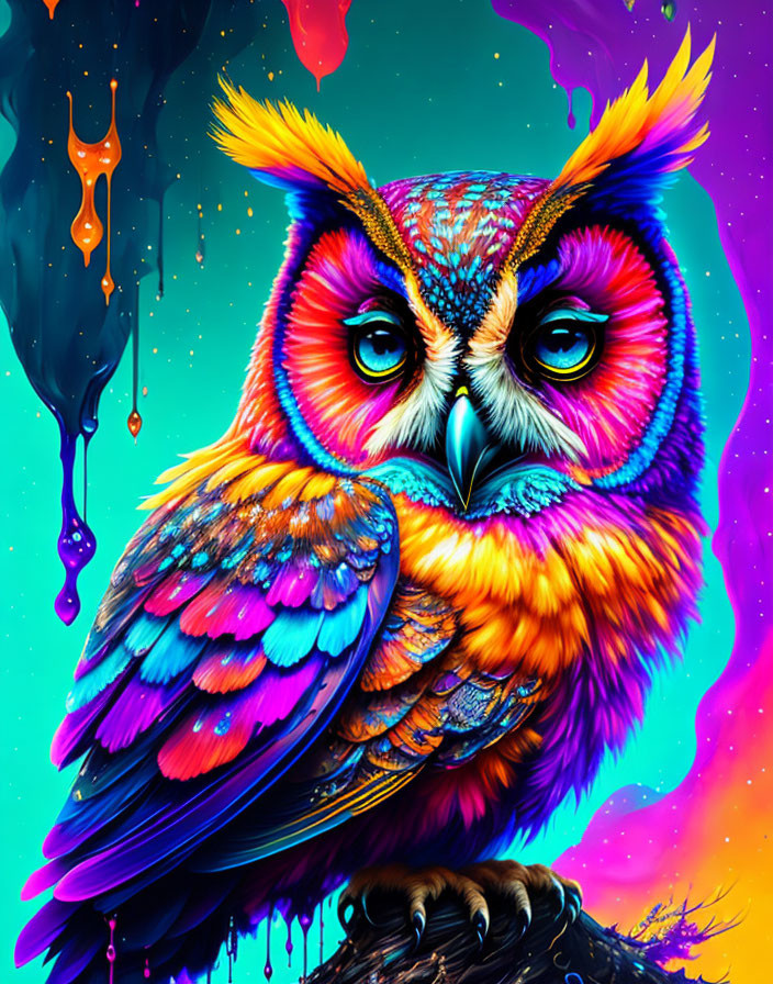 Colorful Owl Illustration with Vibrant Blues, Oranges, and Purples