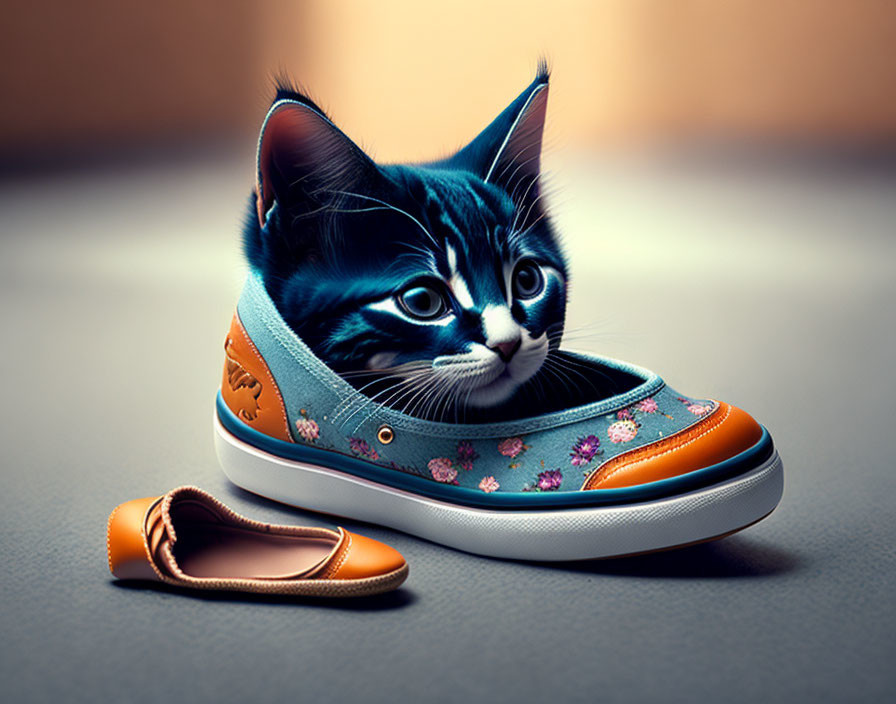 Adorable kitten with blue and orange markings in colorful sneaker