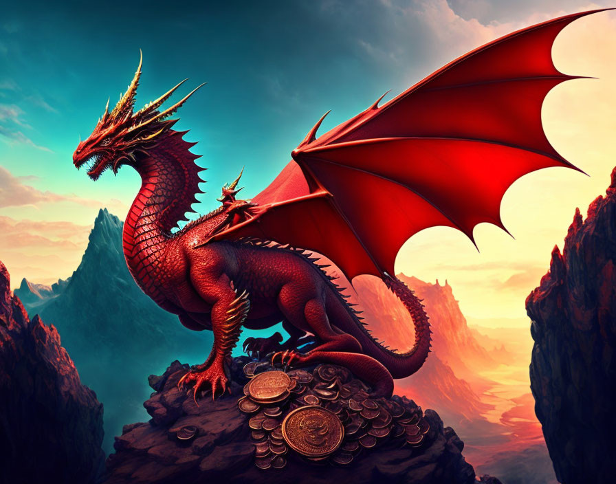 Red dragon on mountain with coins under dramatic sunset sky