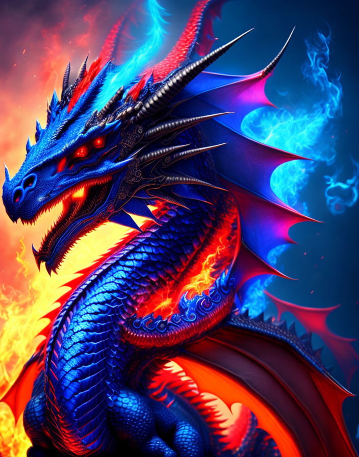 Colorful Dragon Breathing Blue Flames on Fiery Background