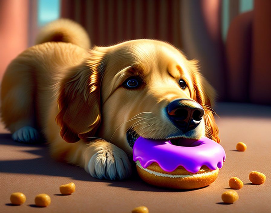 Golden Retriever with Purple Donut and Cereal in Warm Lighting