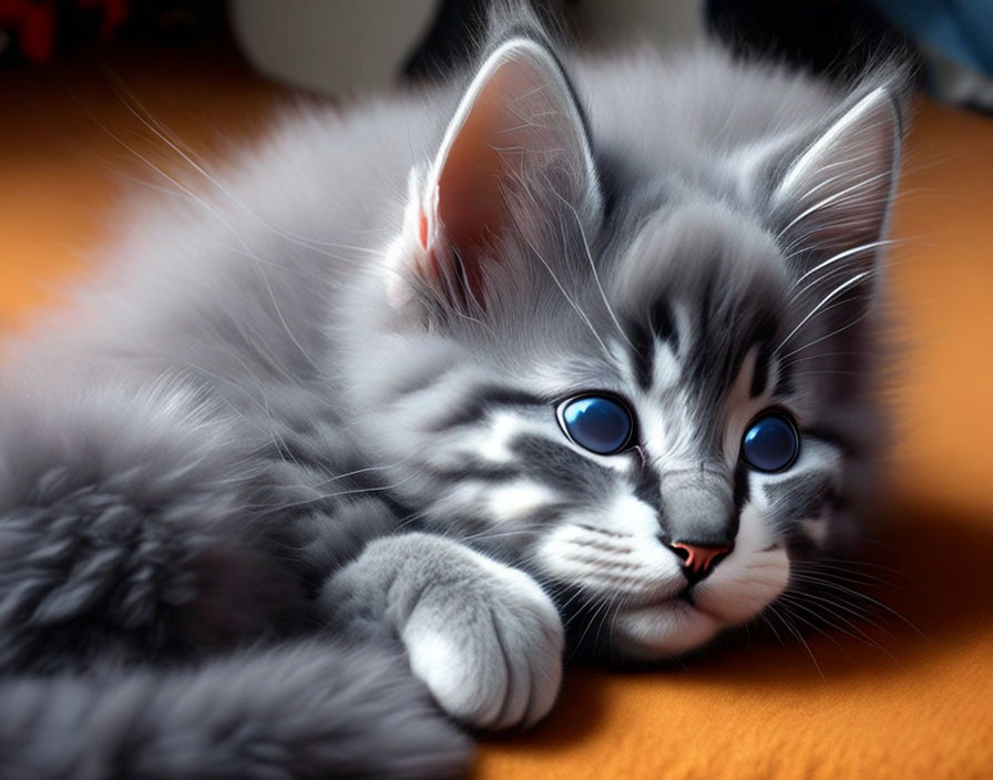 Gray Kitten with Blue Eyes Relaxing and Gazing Sideways