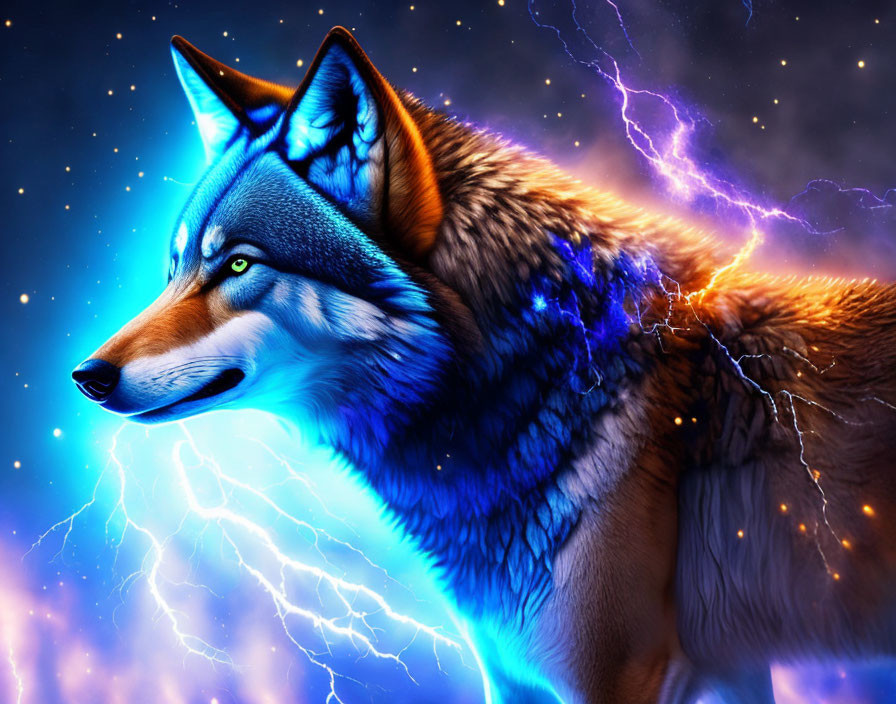 Colorful Wolf Artwork with Cosmic Lightning on Starry Background