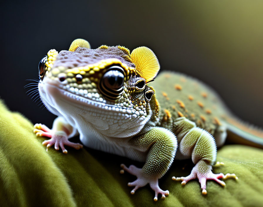 Gecko with textured skin and yellow patterns on green surface