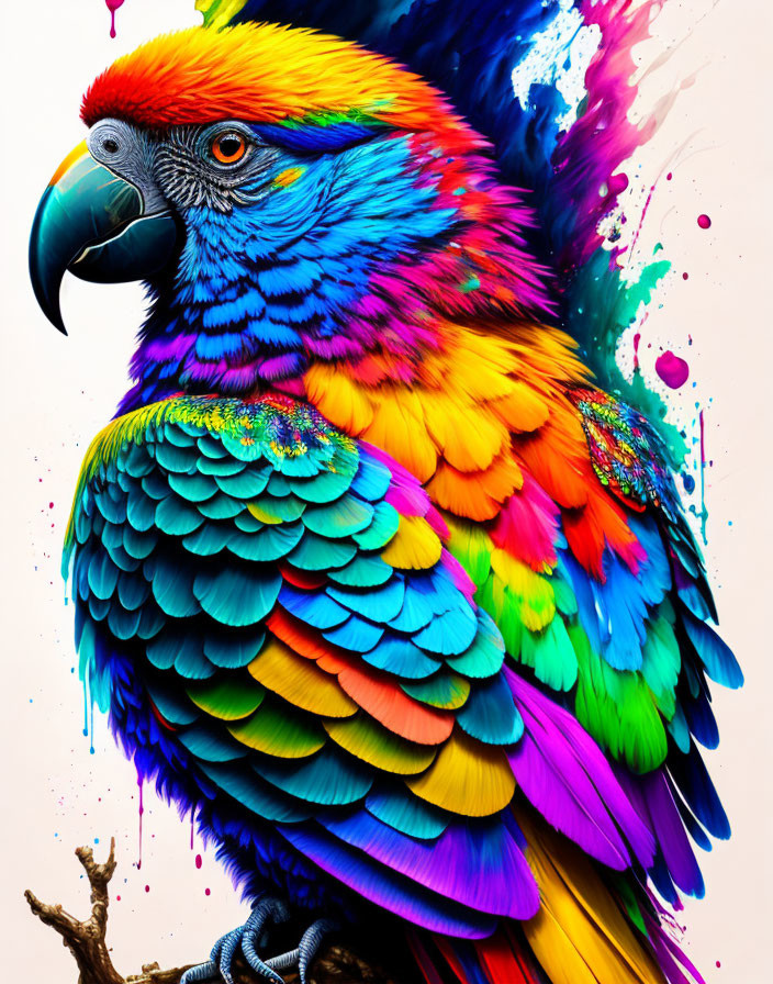 Colorful Parrot Digital Artwork with Realistic Feathers & Rainbow Paint