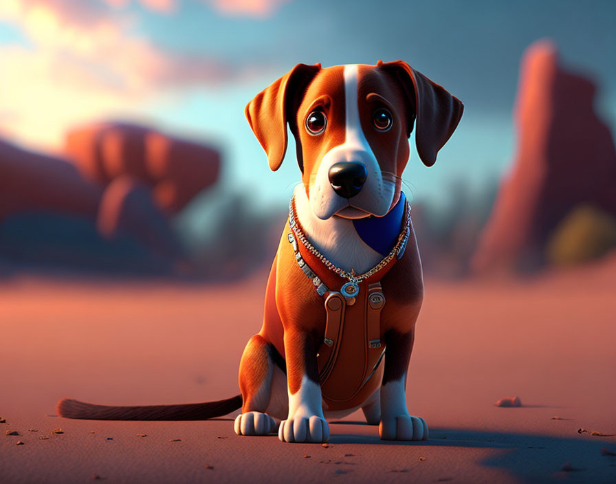 Brown and White Dog in Desert Sunset Scene