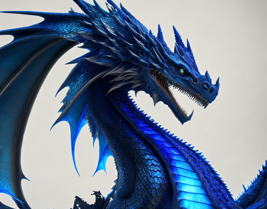 Detailed digital artwork: Blue dragon with outstretched wings and fierce eyes.