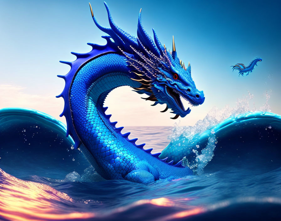 Majestic blue dragon with golden horns emerging from ocean at sunset