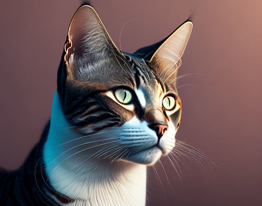 Brown and White Domestic Cat with Green Eyes on Gradient Background