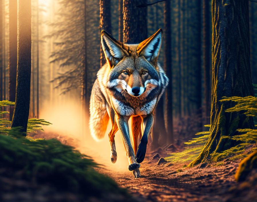 Swift fox in sunlit forest with vibrant foliage and shadowed trees