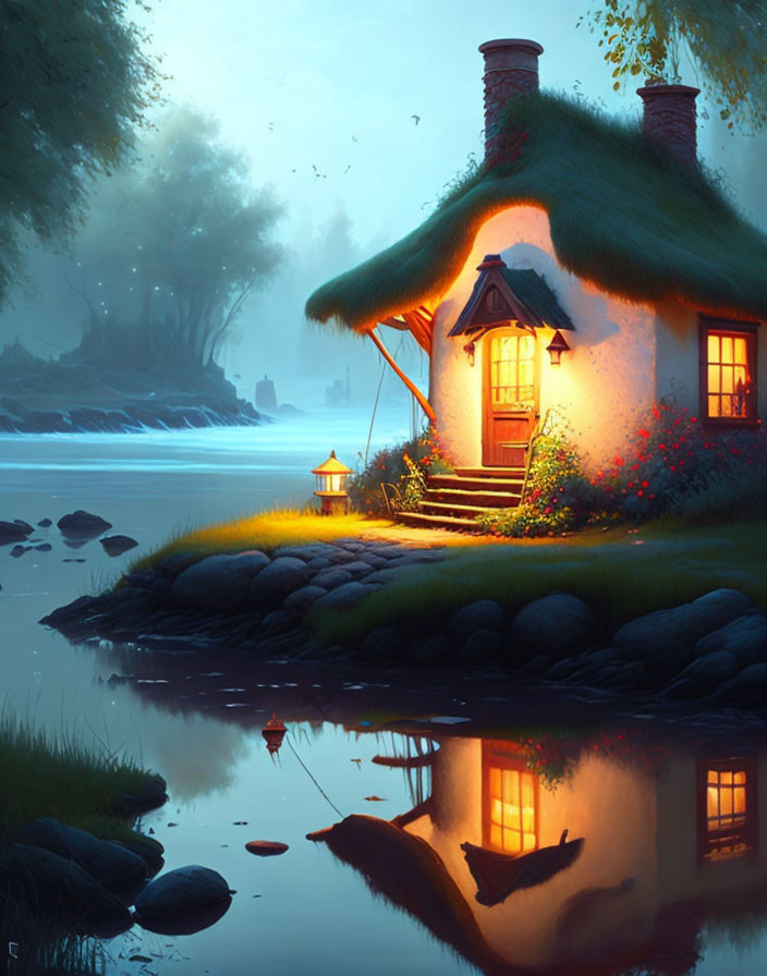 Thatched-Roof Cottage by Tranquil River at Twilight